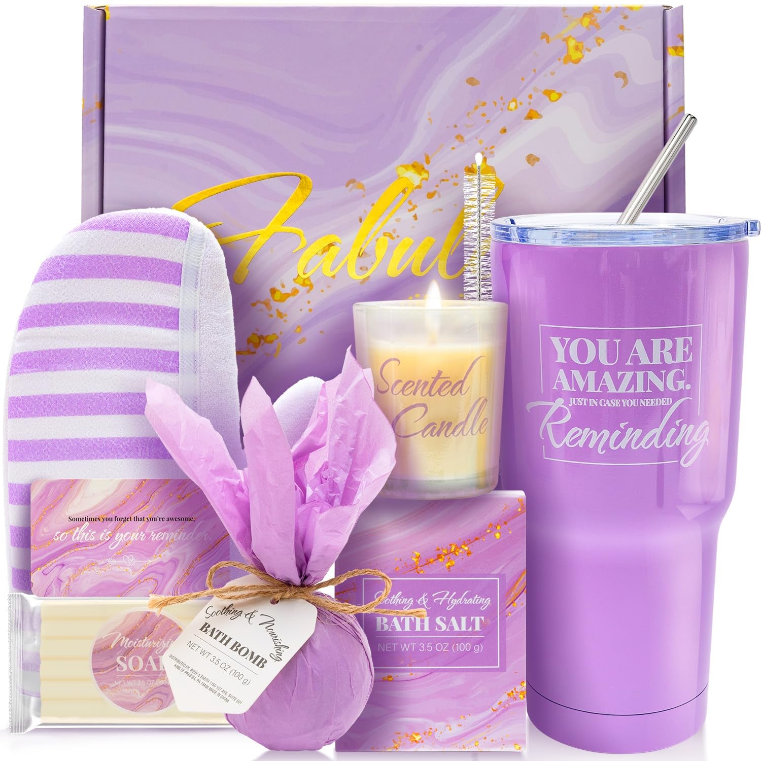 Self Care Gifts for Women Get Well Soon Gifts, Purple Birthday Gift Baskets, 8Pcs Lavender Bath and Body Sets with 20Oz Vacuum Insulated Tumbler Mother'S Day Gifts for Mom